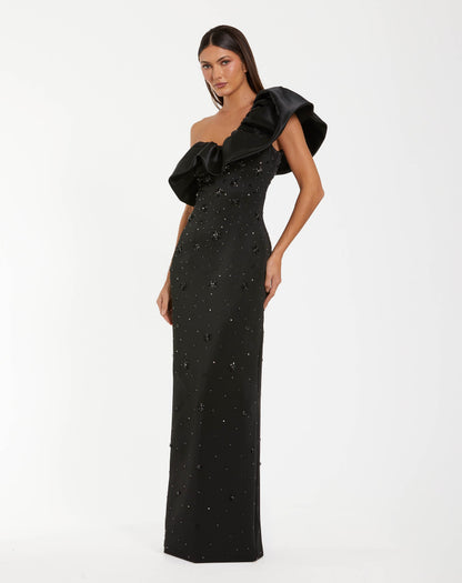 Black Beaded Crepe One Shoulder Gown With Satin Ruffle