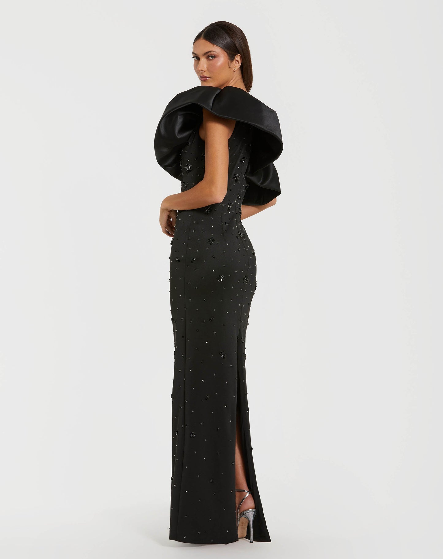 Black Beaded Crepe One Shoulder Gown With Satin Ruffle