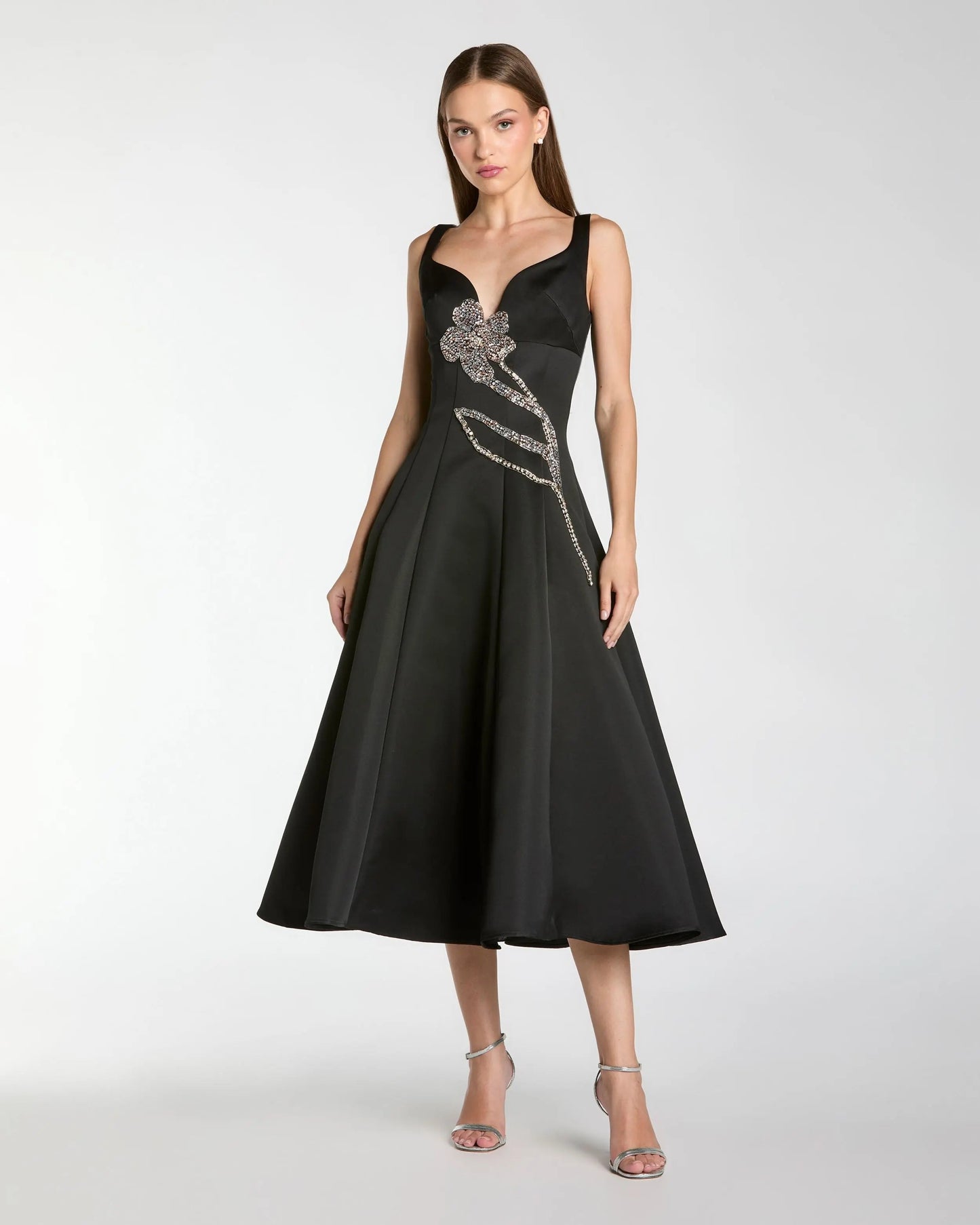 Black A-Line Midi Dress With Embellished Flower