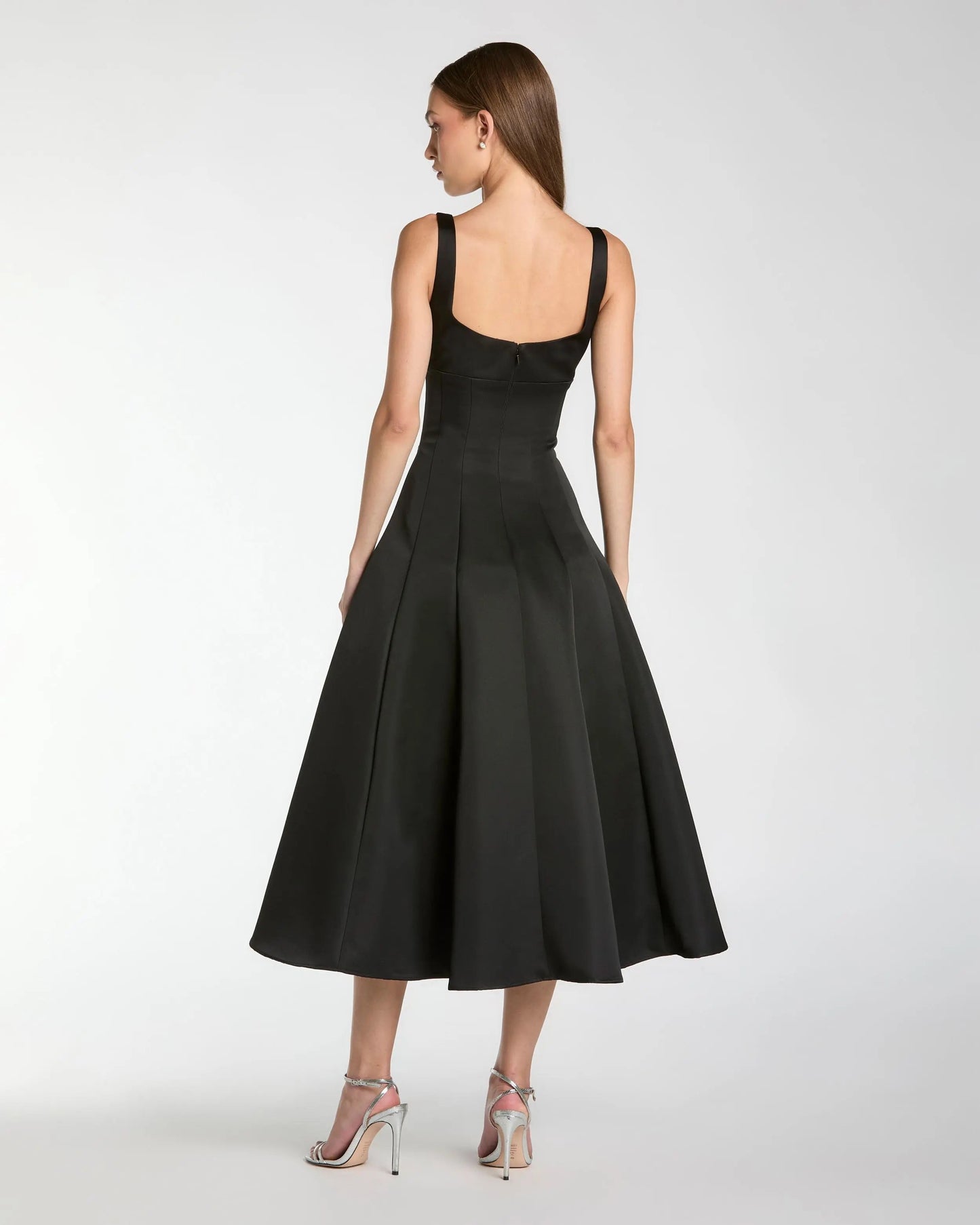 Black A-Line Midi Dress With Embellished Flower