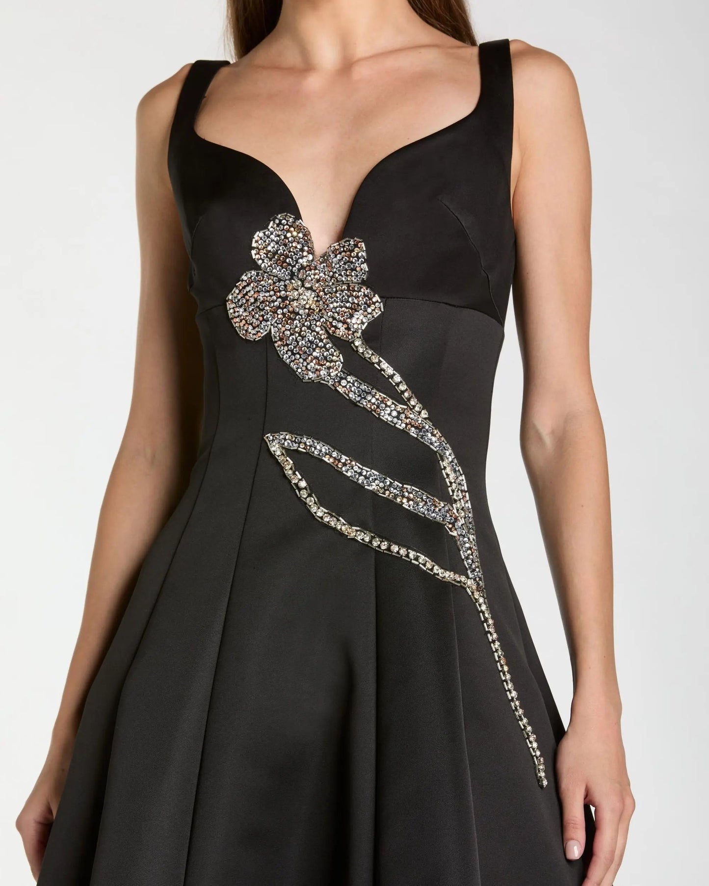 Black A-Line Midi Dress With Embellished Flower