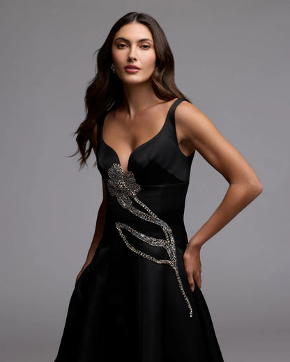 Black A-Line Midi Dress With Embellished Flower