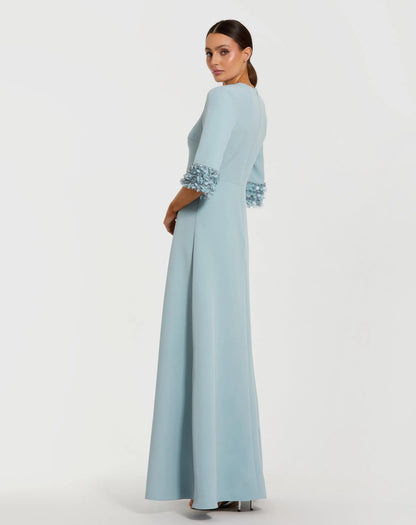 Blue A-Line Crepe Gown With Embellished 3/4 Sleeves