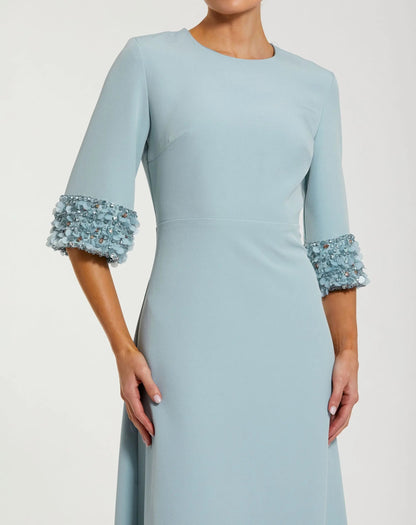 Blue A-Line Crepe Gown With Embellished 3/4 Sleeves