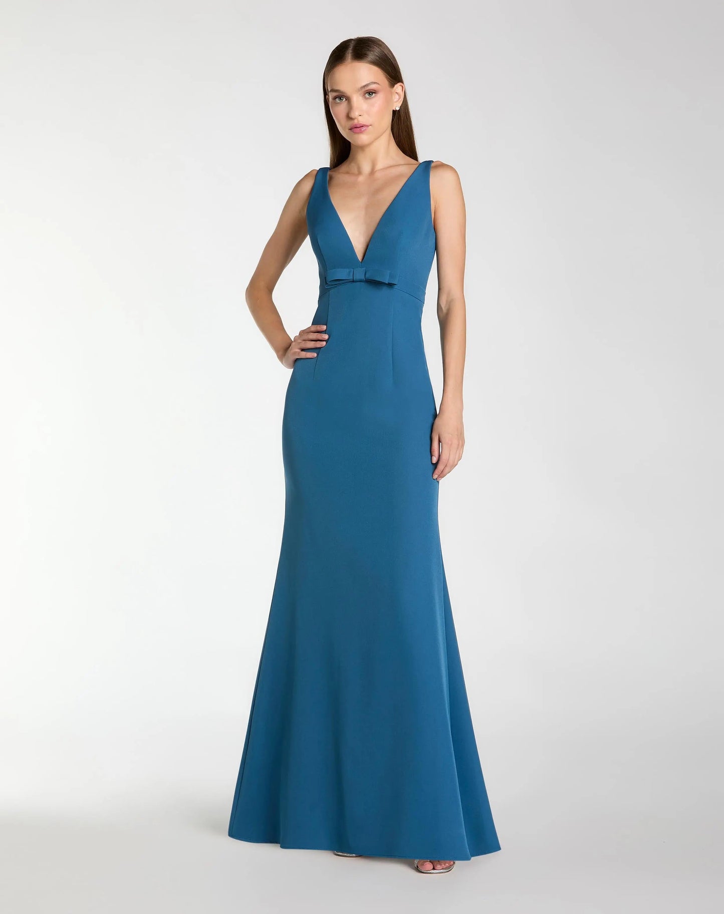 Blue Crepe Sleeveless V Neck Mermaid Gown With Bow