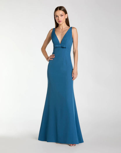 Blue Crepe Sleeveless V Neck Mermaid Gown With Bow