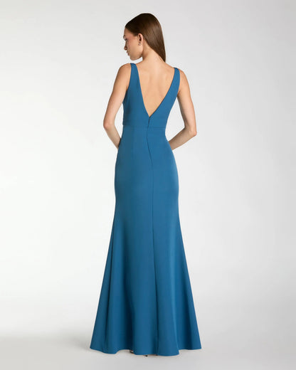Blue Crepe Sleeveless V Neck Mermaid Gown With Bow