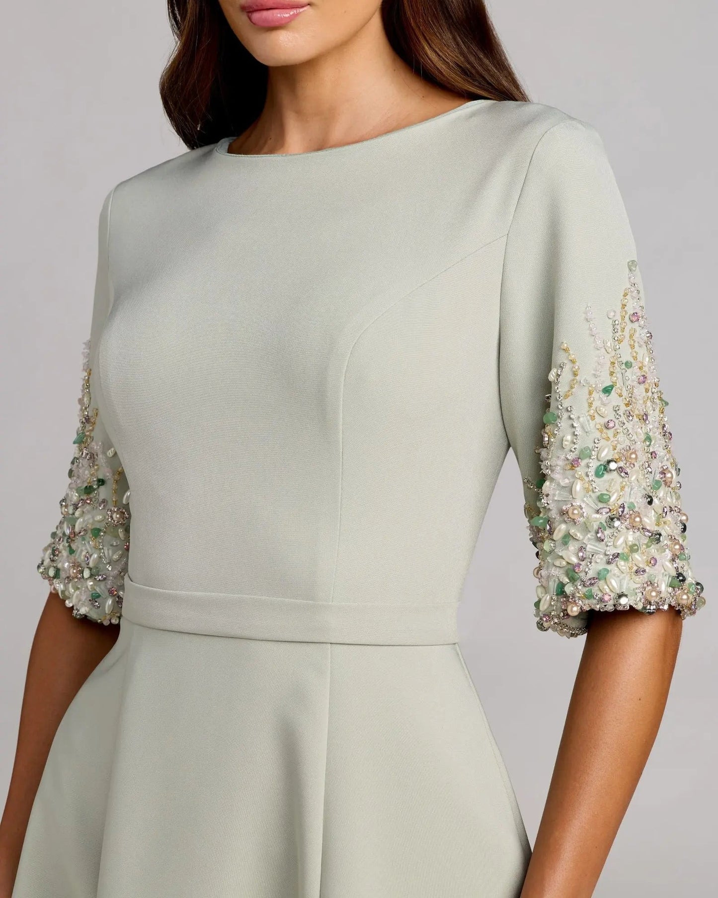 Green Crepe A Line Midi Dress With Beaded Sleeves