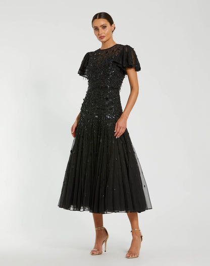 High Neck Flutter Sleeve Embellished Midi Dress