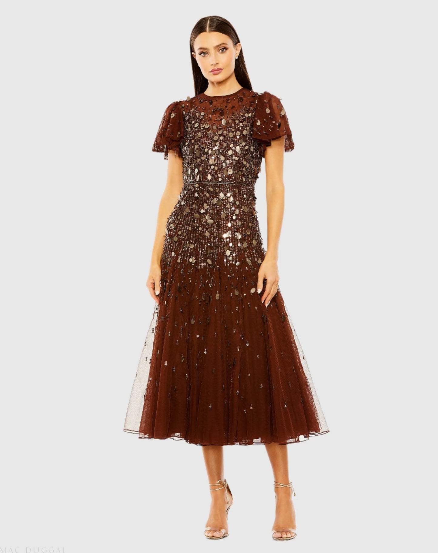 High Neck Flutter Sleeve Embellished Midi Dress