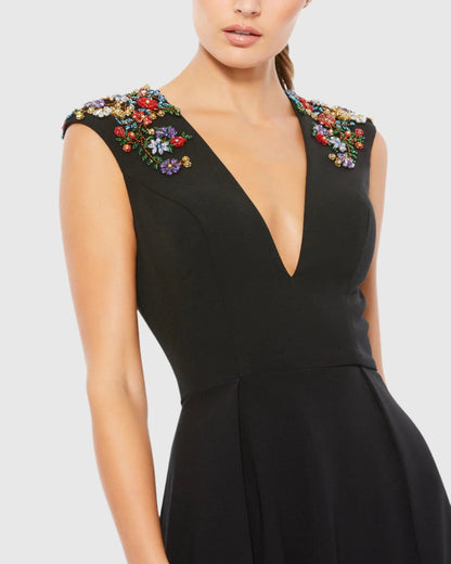 Black Beaded Cap Sleeve V Neck A Line Gown
