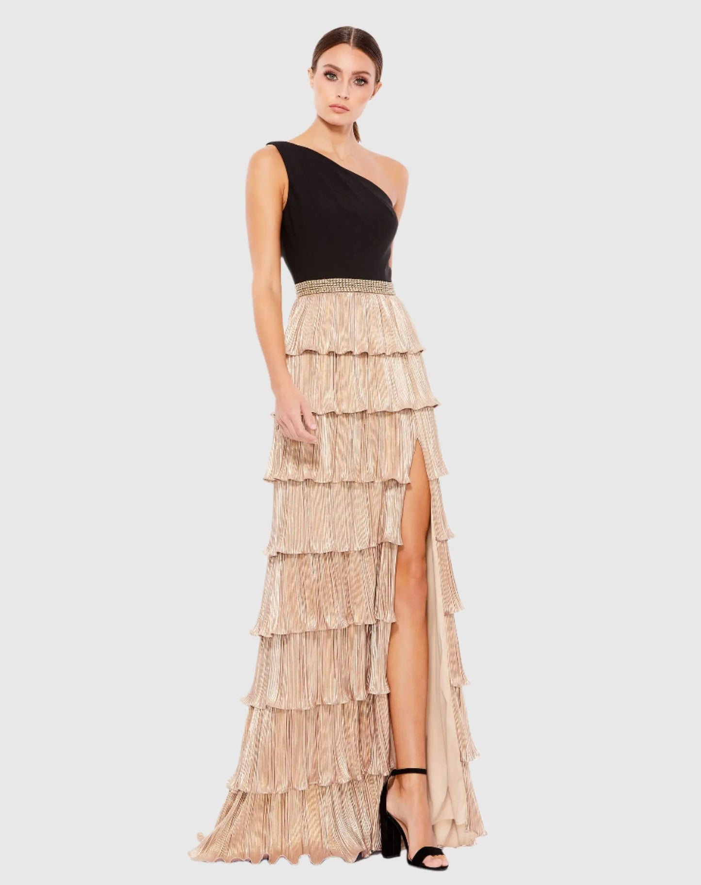 Black and Gold One Shoulder Tiered Ruffle A-Line Gown