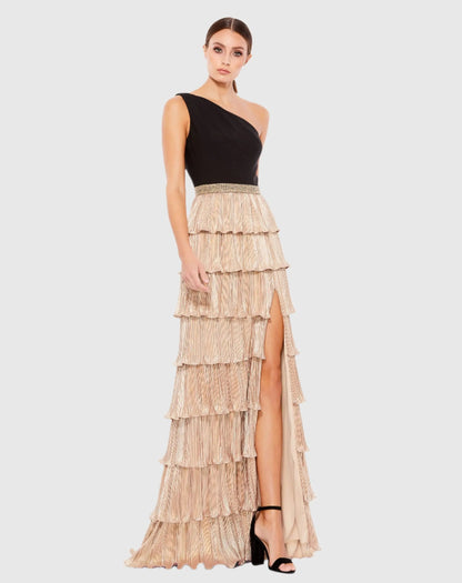 Black and Gold One Shoulder Tiered Ruffle A-Line Gown