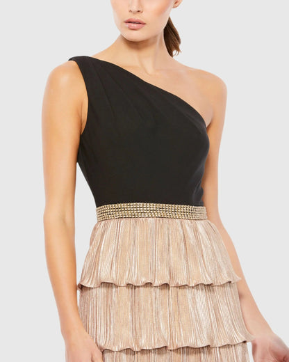 Black and Gold One Shoulder Tiered Ruffle A-Line Gown