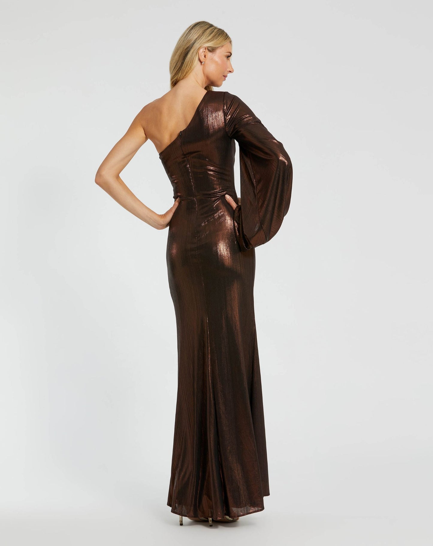 Brown One Shoulder Long Sleeve Metallic Gown