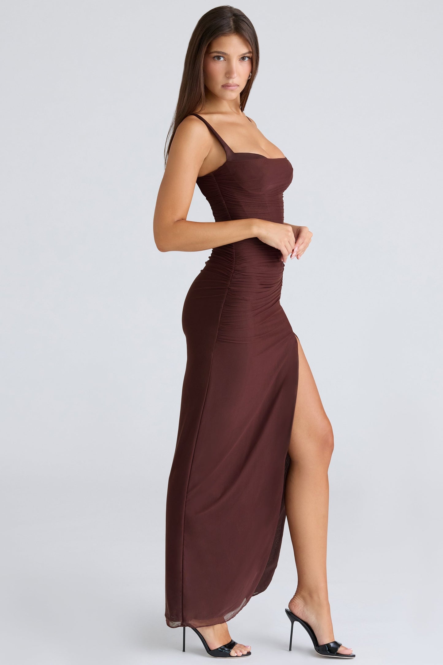 burgundy stretch mesh maxi dress