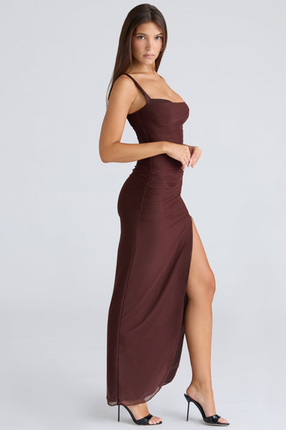 burgundy stretch mesh maxi dress