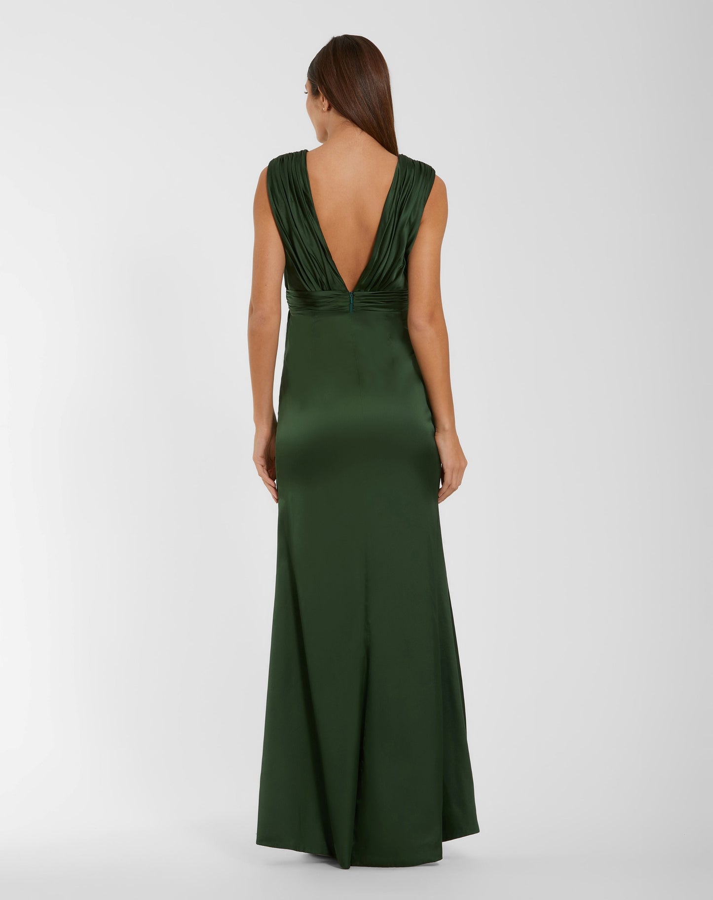 Green Charmeuse Plunge Neck Gown With 3D Flower