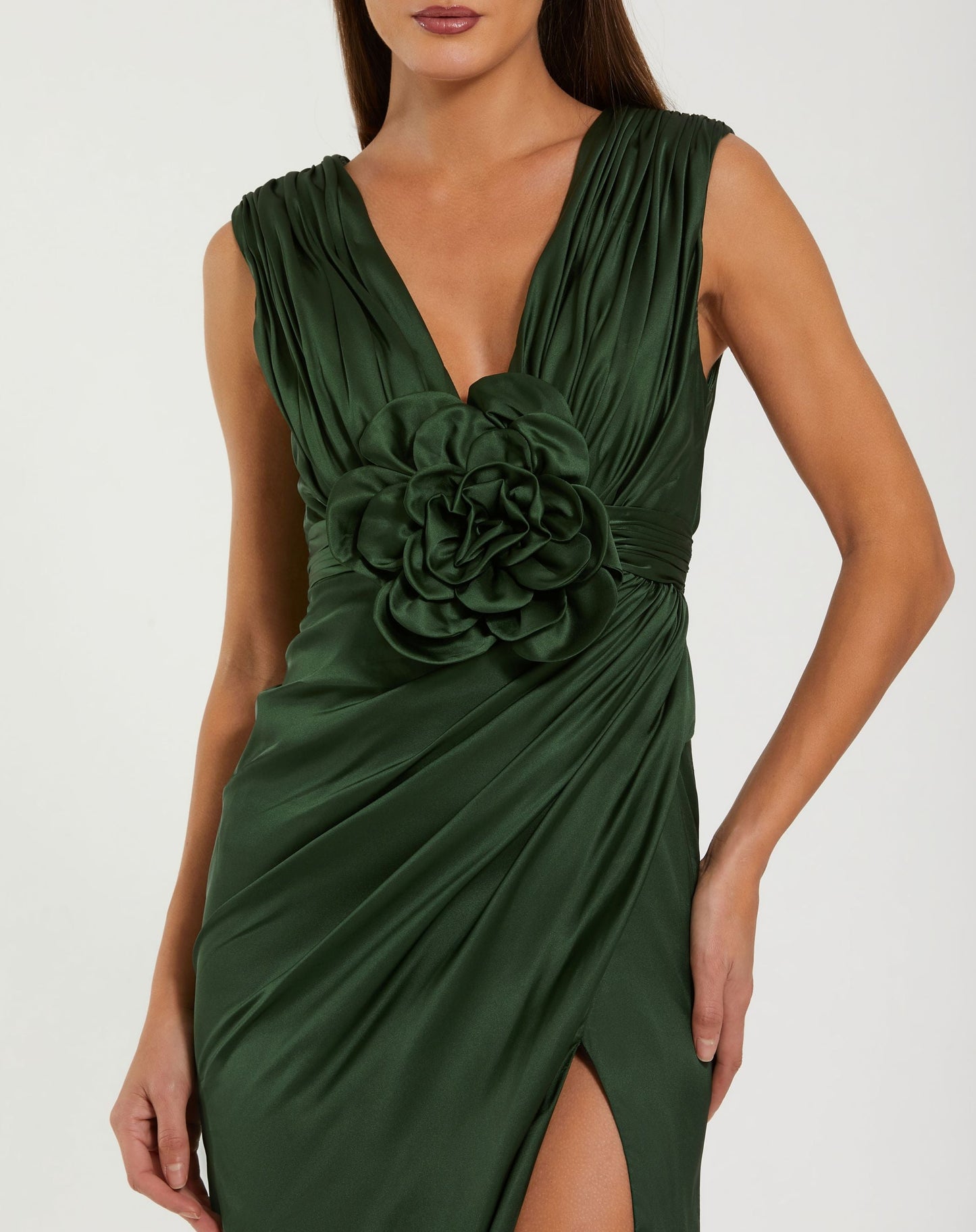 Green Charmeuse Plunge Neck Gown With 3D Flower