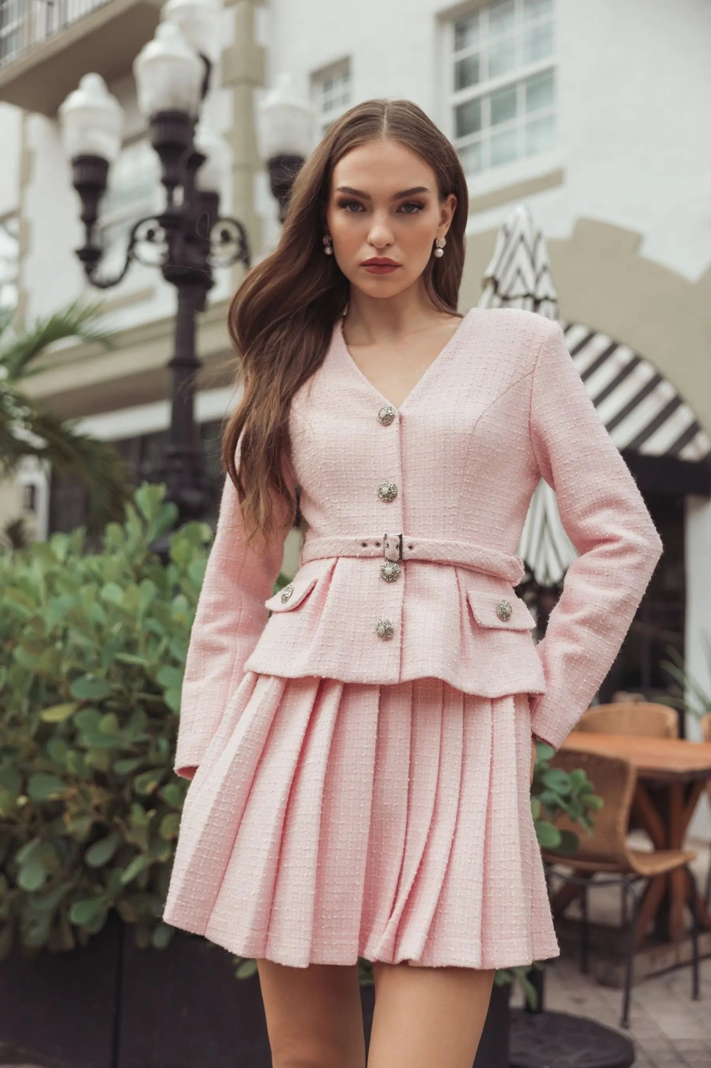 Light Pink Boucle Long Sleeve V-Neck Mini Dress