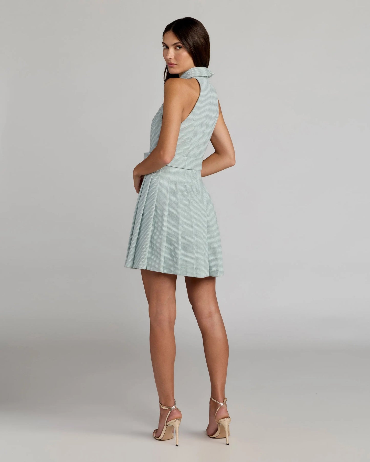 Blue Pleated A Line Mini Dress with Pearl Button Detail