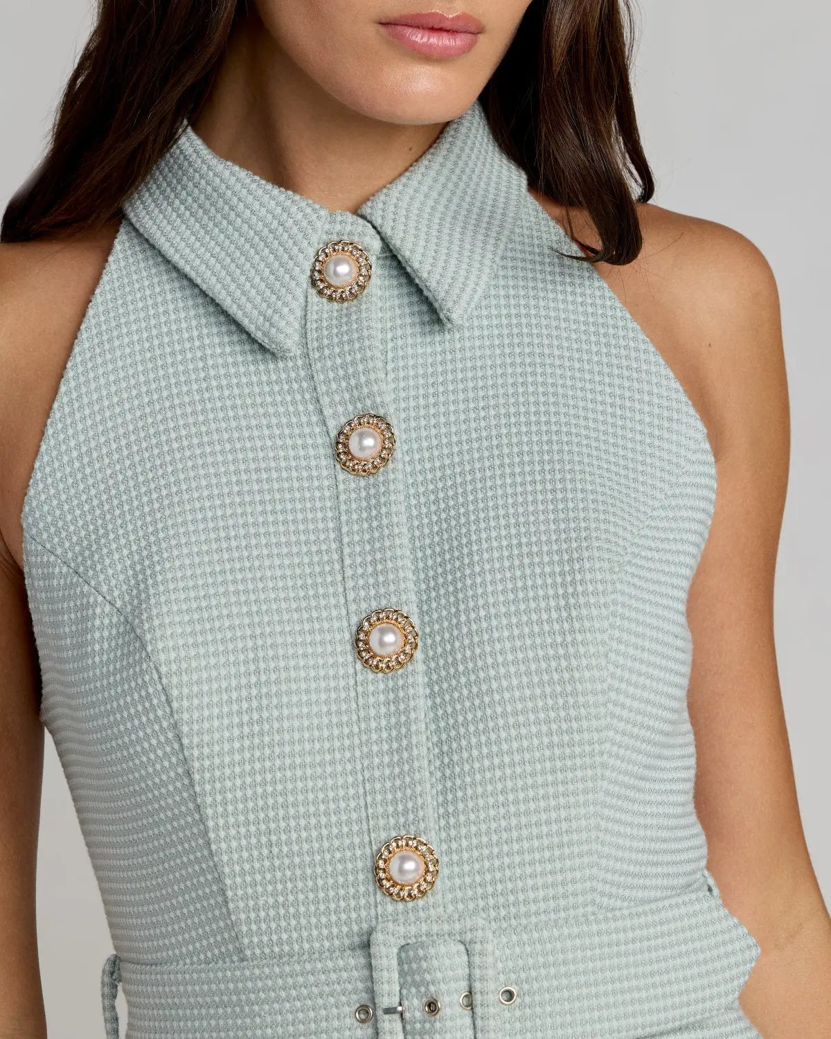 Blue Pleated A Line Mini Dress with Pearl Button Detail