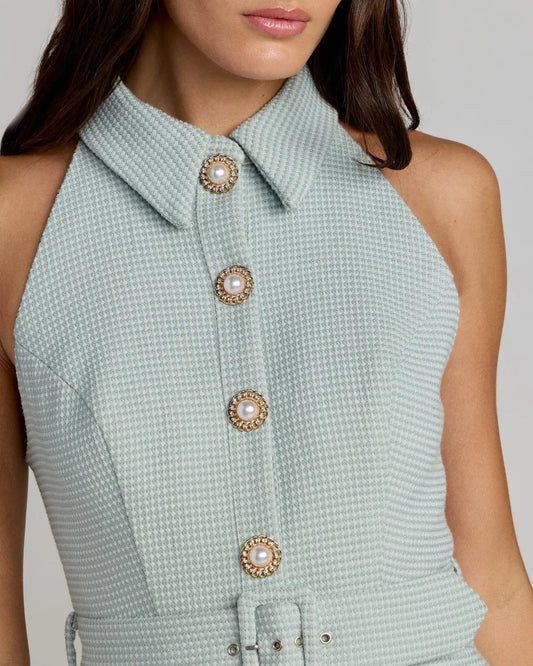 Blue Pleated A Line Mini Dress with Pearl Button Detail