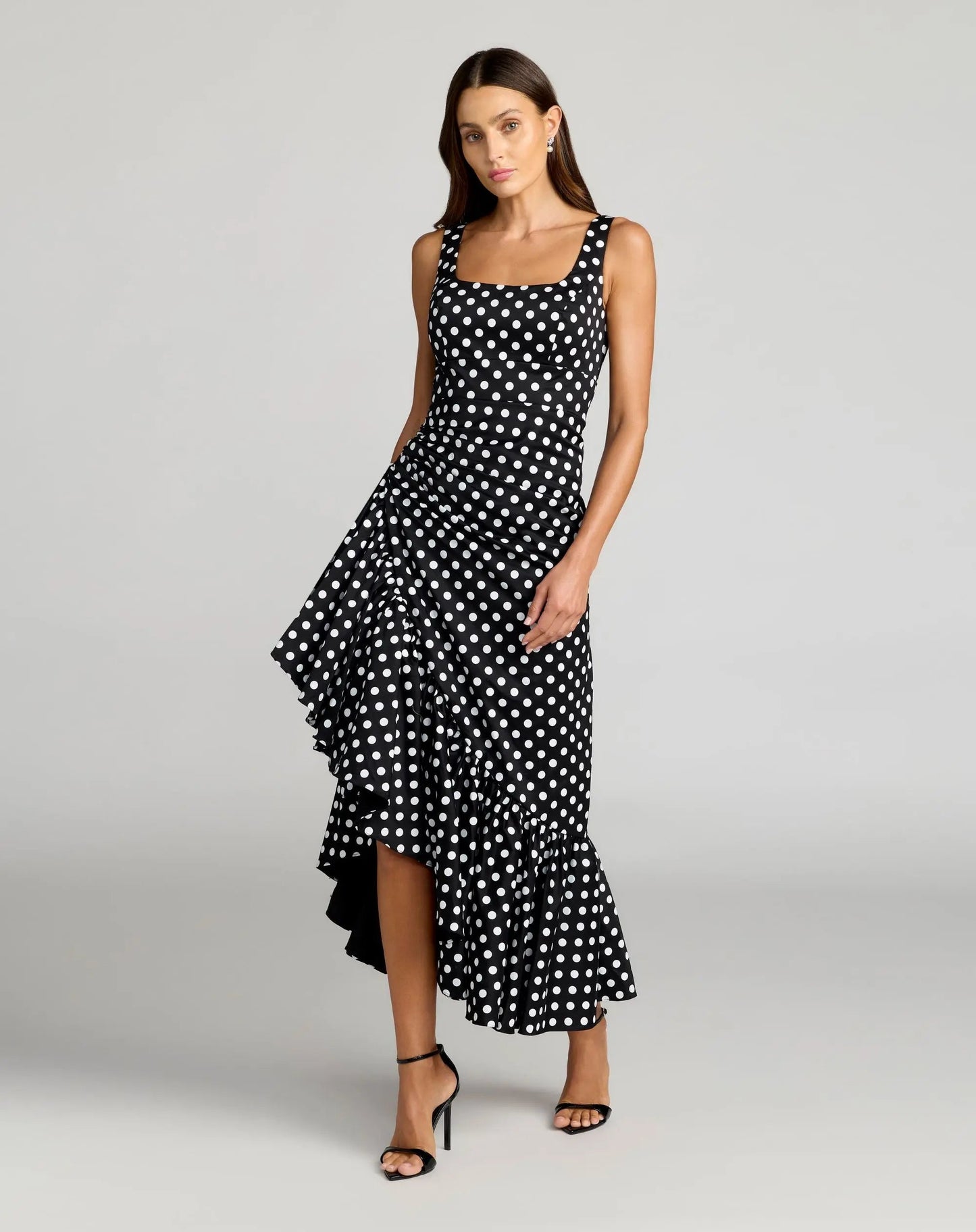 Black Sleeveless Polka Dot Midi Dress With Ruffled Hem