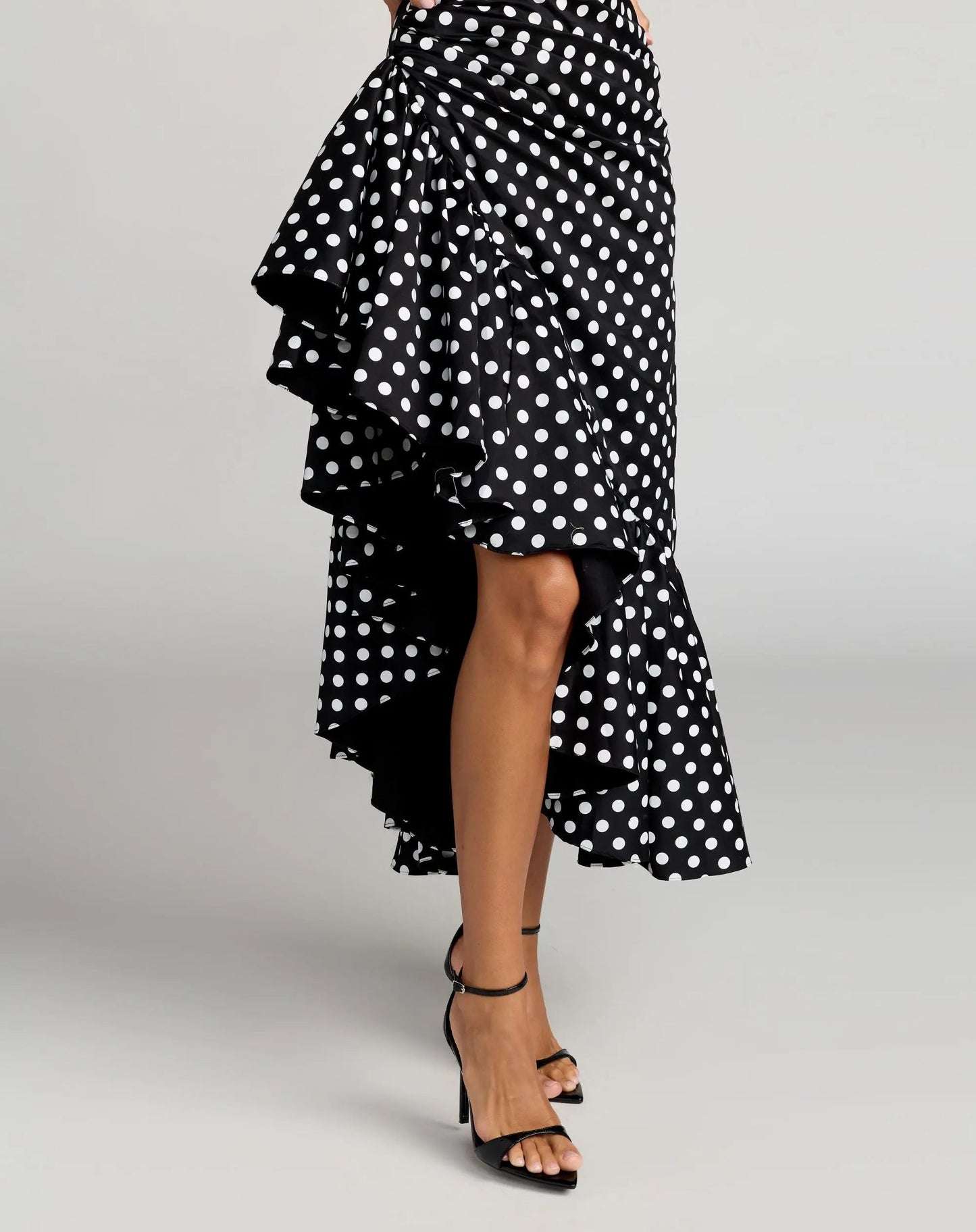 Black Sleeveless Polka Dot Midi Dress With Ruffled Hem