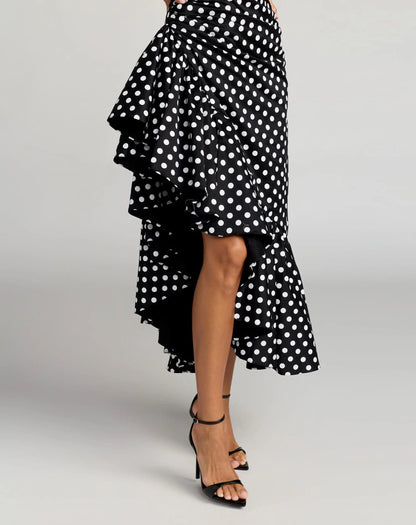 Black Sleeveless Polka Dot Midi Dress With Ruffled Hem