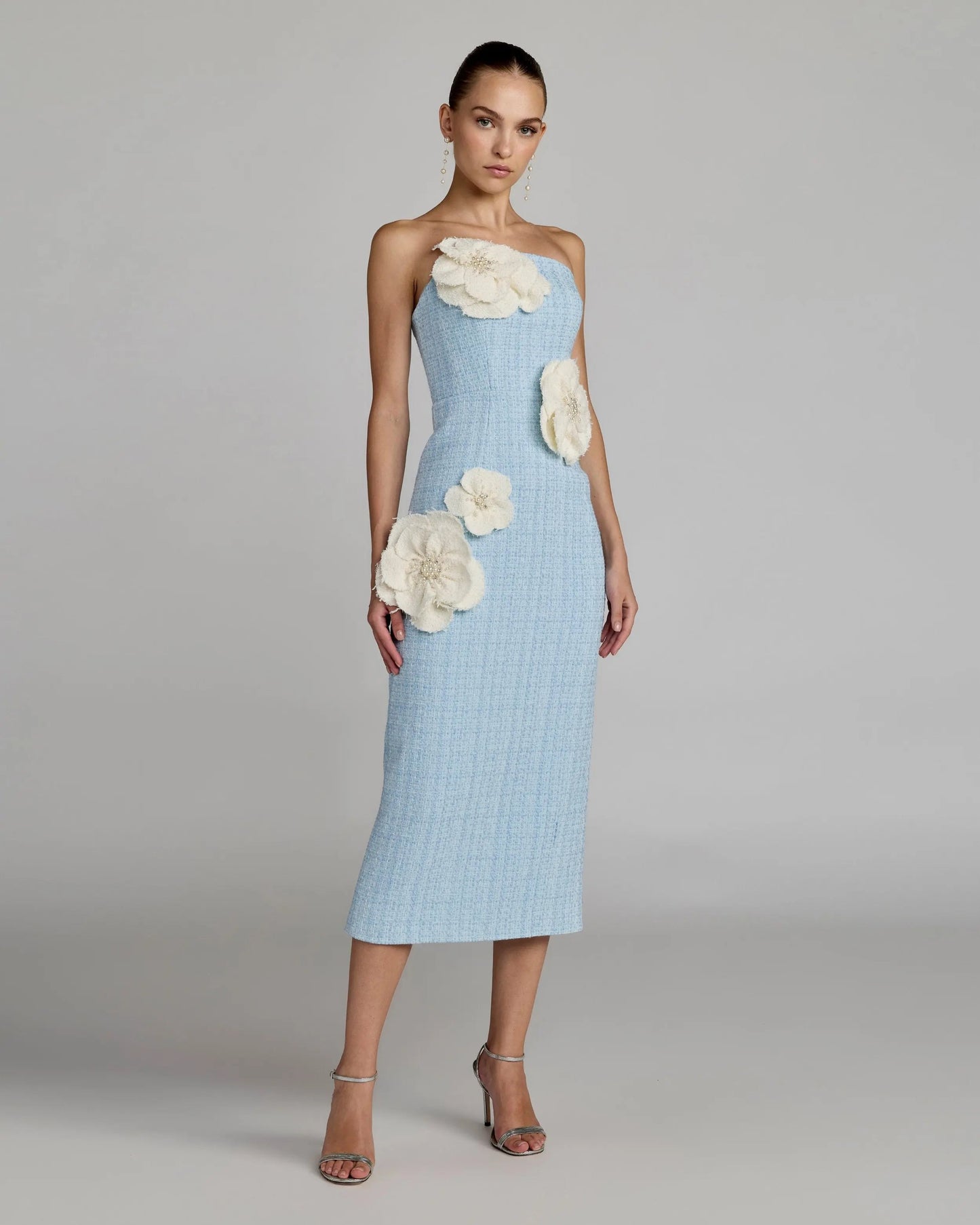 Blue Boucle Strapless 3D Floral Midi Dress