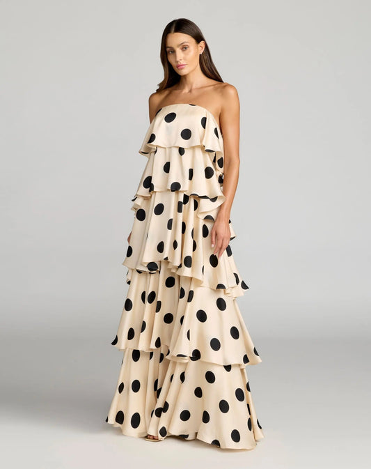 Beige Strapless Polka Dot Charmeuse Ruffle Gown