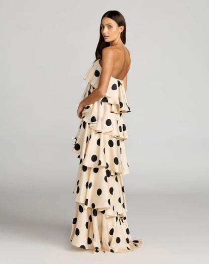 Beige Strapless Polka Dot Charmeuse Ruffle Gown