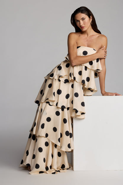 Beige Strapless Polka Dot Charmeuse Ruffle Gown