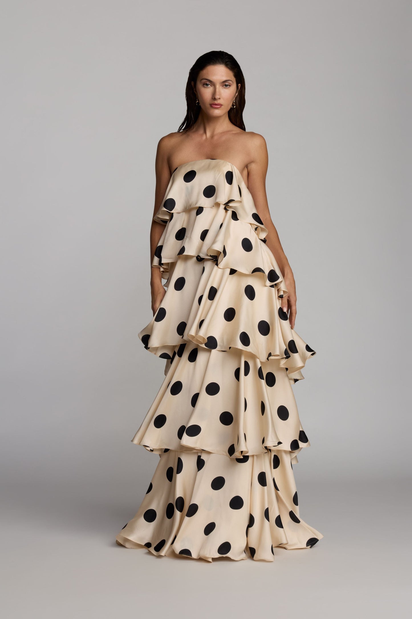 Beige Strapless Polka Dot Charmeuse Ruffle Gown