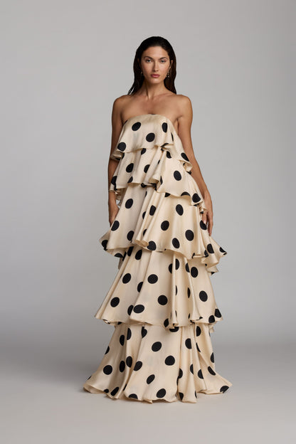 Beige Strapless Polka Dot Charmeuse Ruffle Gown
