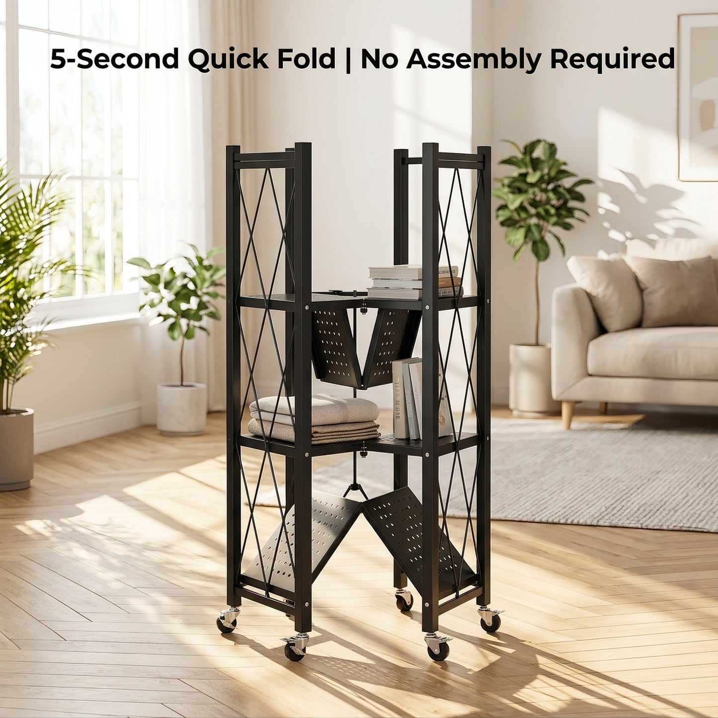 Space‑Saving Foldable Metal Shelving Unit, Freestanding Storage Rack with Lockable Rolling Casters