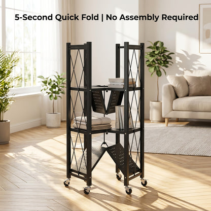 Space‑Saving Foldable Metal Shelving Unit, Freestanding Storage Rack with Lockable Rolling Casters