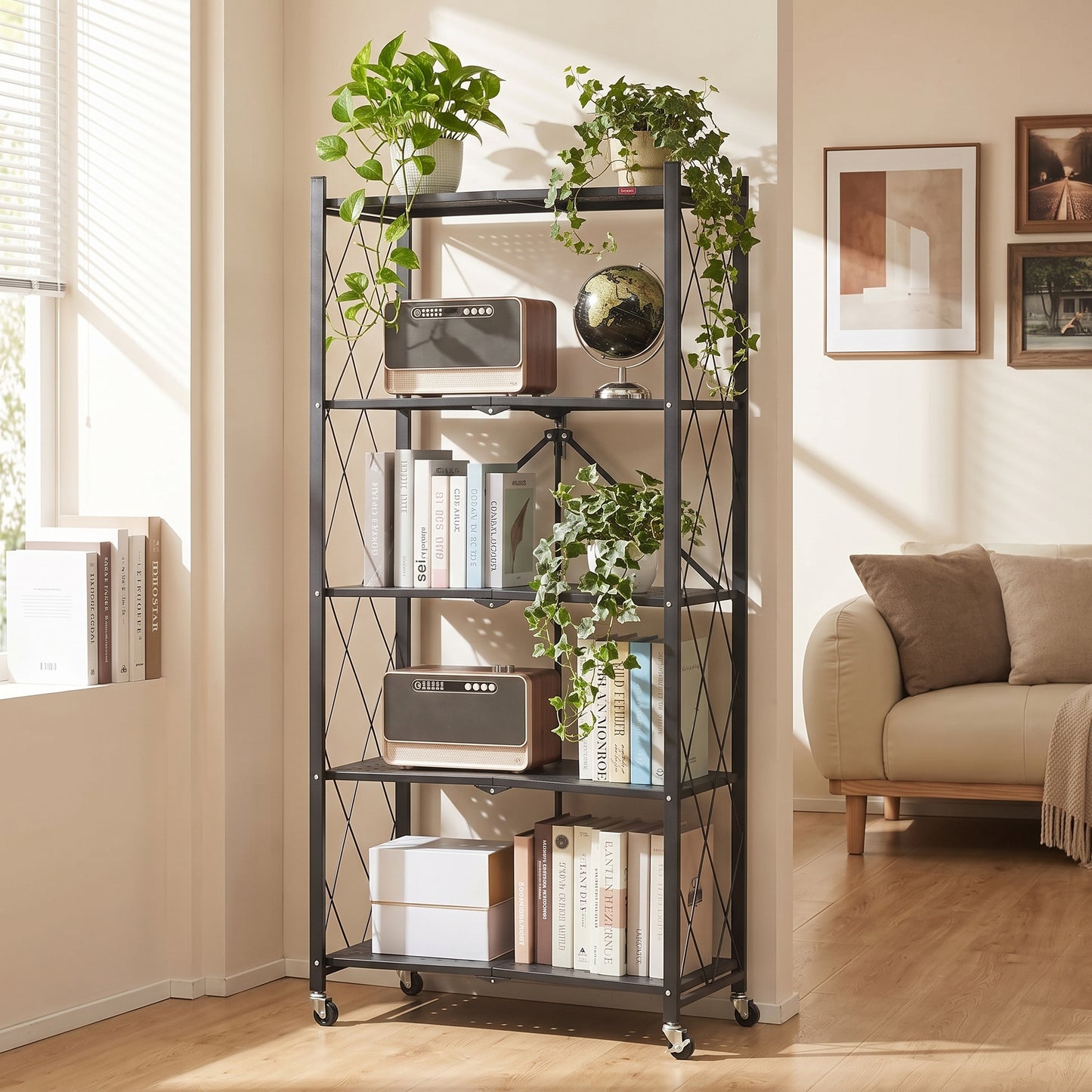 Space‑Saving Foldable Metal Shelving Unit, Freestanding Storage Rack with Lockable Rolling Casters
