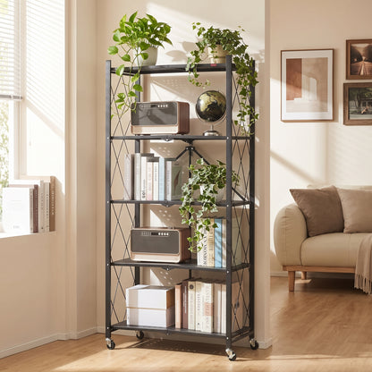 Space‑Saving Foldable Metal Shelving Unit, Freestanding Storage Rack with Lockable Rolling Casters