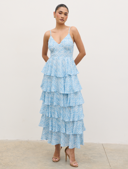 Lissy Ruffle Midaxi Dress - Blue Abstract