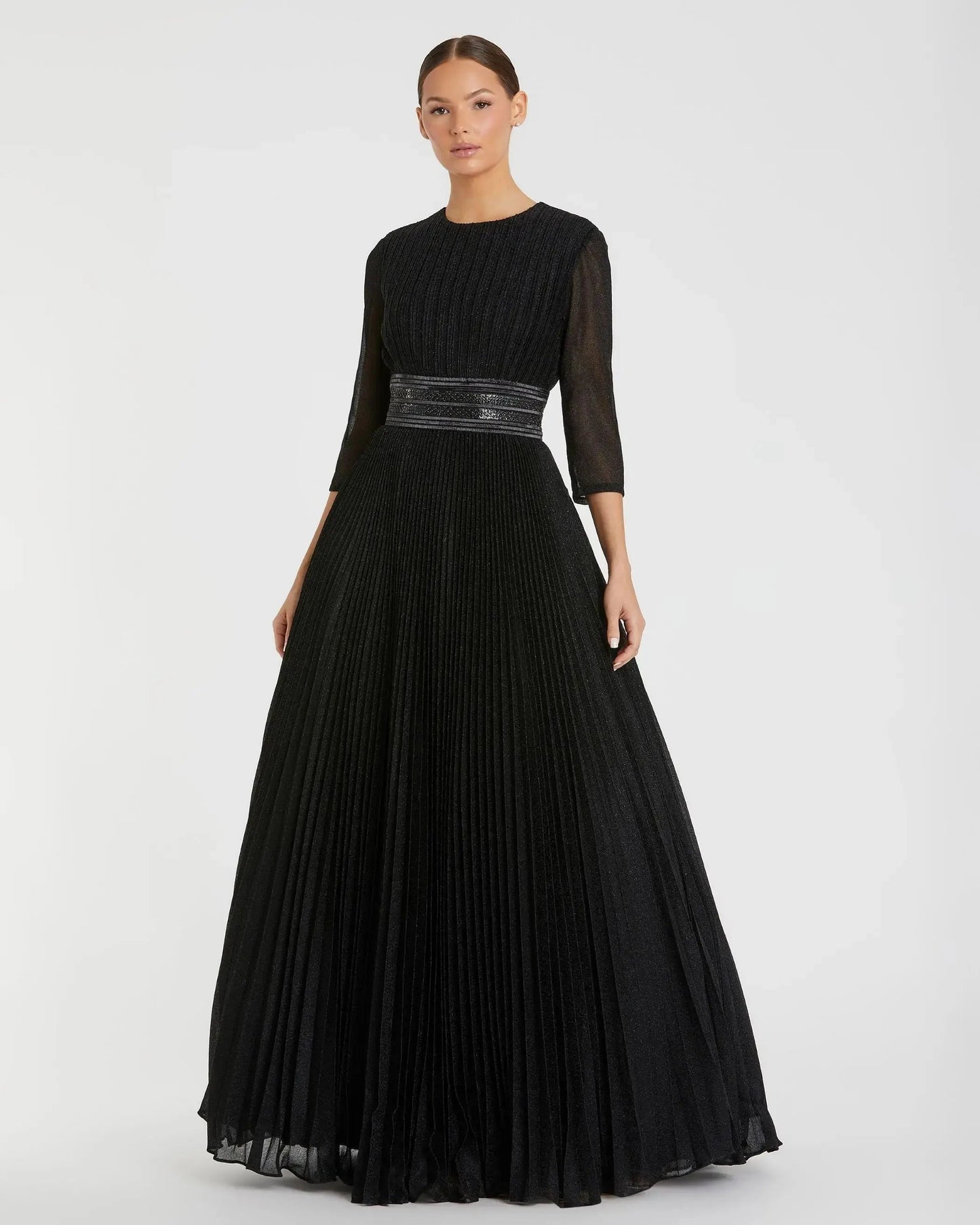 Black Shimmering Pleated  3/4 Sleeve Ball Gown