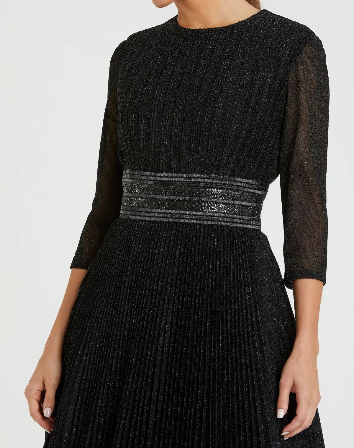 Black Shimmering Pleated  3/4 Sleeve Ball Gown