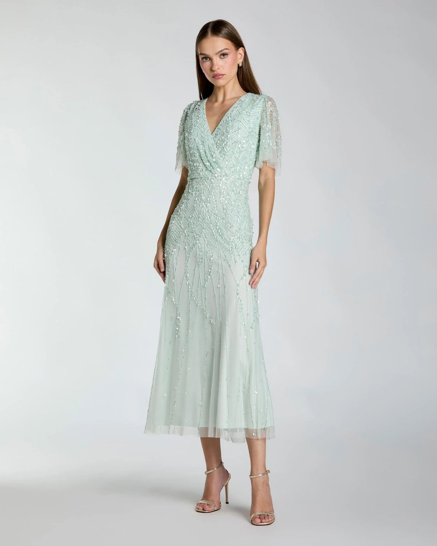 Beaded Wrap Over Butterfly Sleeve Column Dress