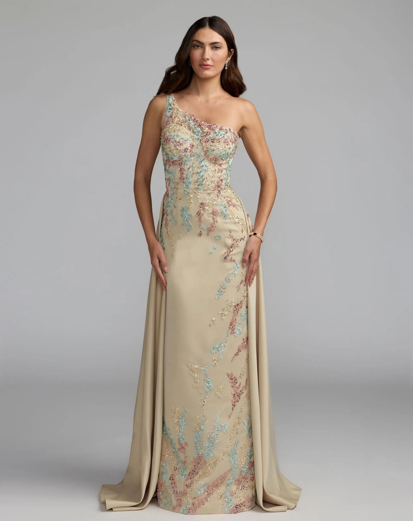 Beige One Shoulder Embellished Gown With Train