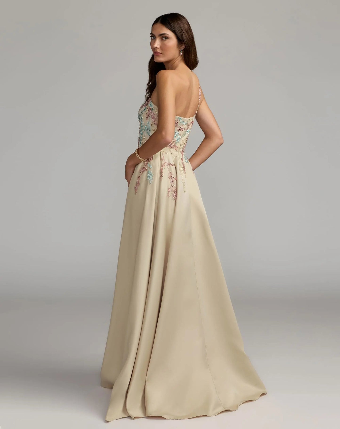 Beige One Shoulder Embellished Gown With Train