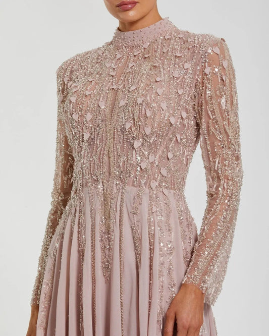 Light Purple Embellished Long Sleeve Gown with Slit