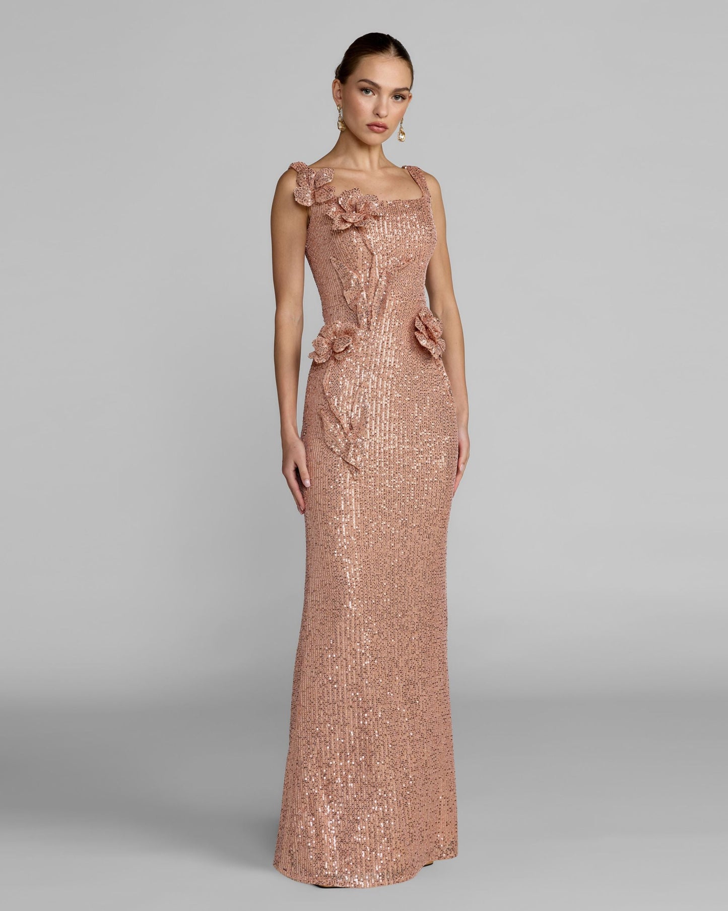 Light Pink Sequin Column Gown With 3D Flowers