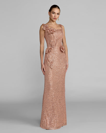 Light Pink Sequin Column Gown With 3D Flowers