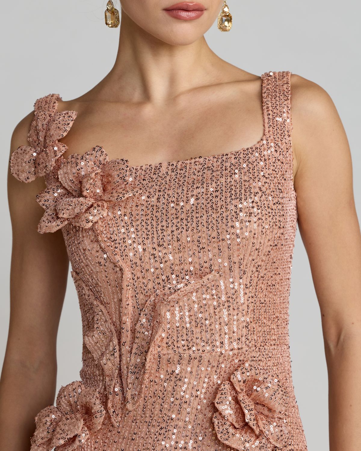 Light Pink Sequin Column Gown With 3D Flowers
